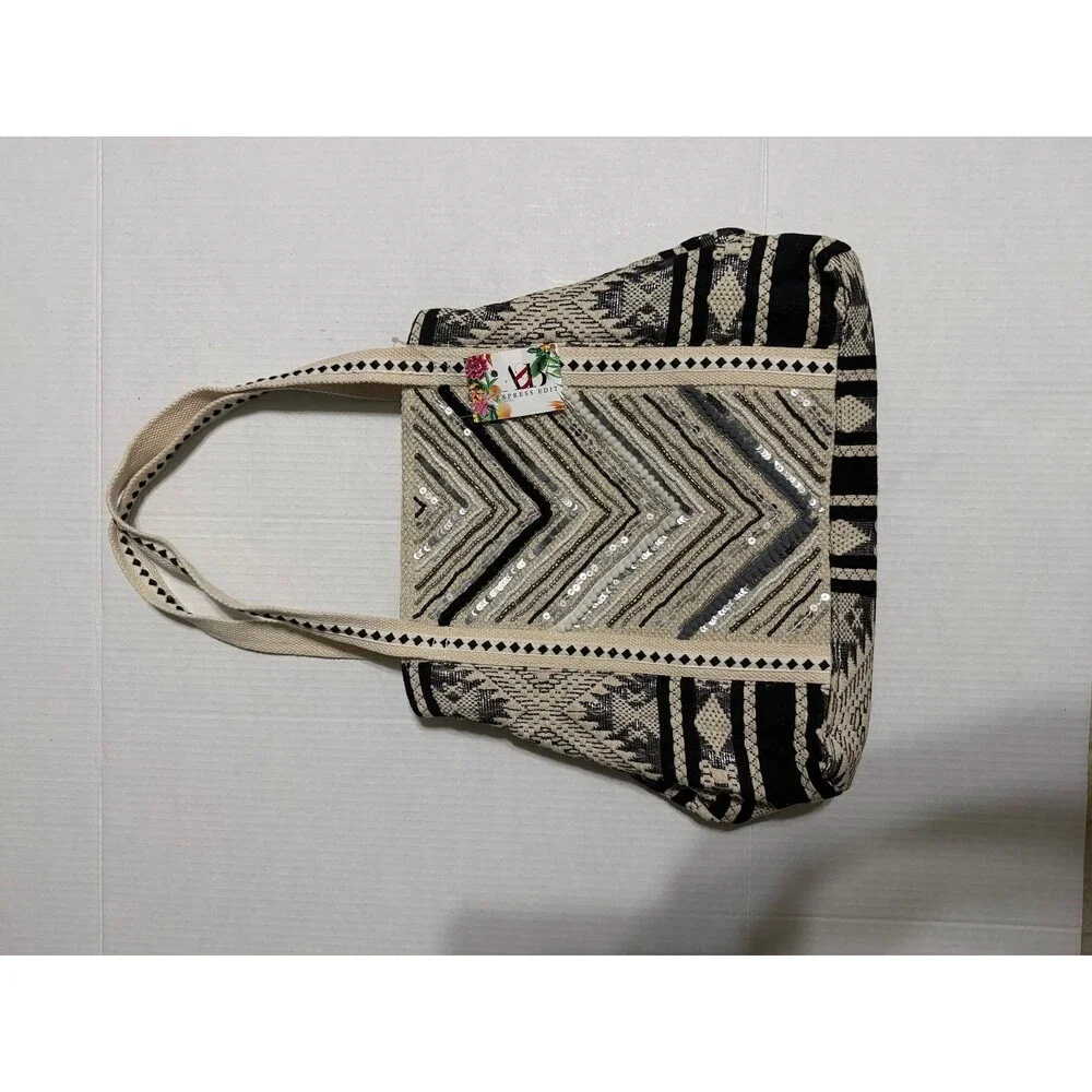 Black & White Embroidered Tote Bag | Beaded Sequin | Boho Style